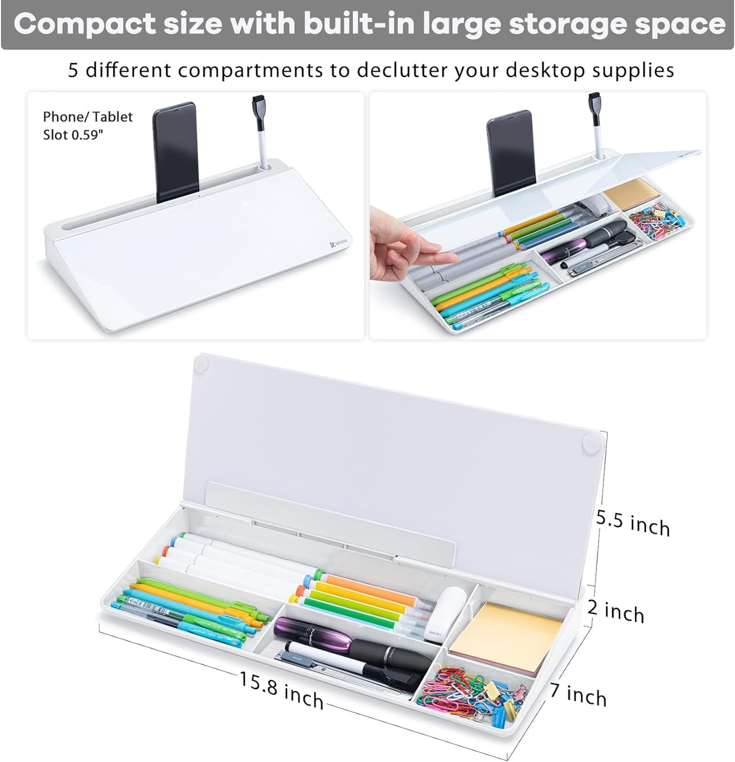 Glass Desk Whiteboard with Storage, Desktop Organizer To-Do List Memo Notepad Dry Erase White Board for Home Office and School Supplies (White)